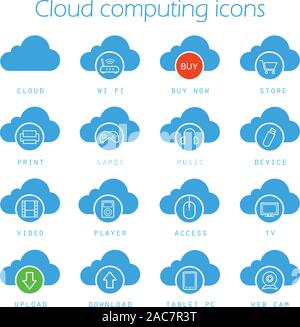 Cloud computing blue icons set. Digital storage silhouette symbols. Buy now, download, upload, print, access, games, music, tablet pc, web cam, video Stock Vector
