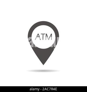 ATM machine location icon. Nearby bank pinpoint. Drop shadow map pointer silhouette symbol. Vector isolated illustration Stock Vector