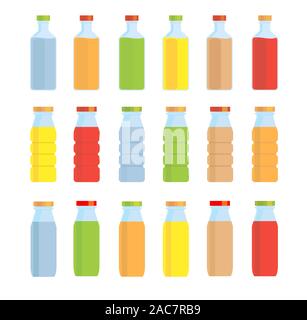 Set of glass flasks and bottles with a multi-colored liquid. On a white background. Isolate. Stock Vector