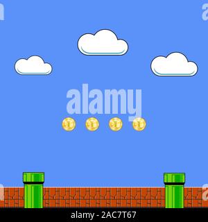 Old Game Background. Classic Retro Arcade Design with Pipe and Brick Stock Vector