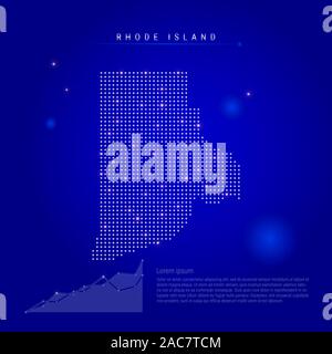 Rhode Island US state illuminated map with glowing dots. Infographics elements. Dark blue space background. illustration. Growing chart, lorem ipsum t Stock Photo