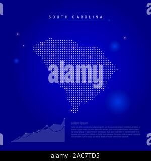 South Carolina US state illuminated map with glowing dots. Infographics elements. Dark blue space background. illustration. Growing chart, lorem ipsum Stock Photo