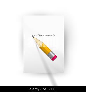 Realistic wooden pencil writes on a piece of paper. Sharpened detailed pencil, illustration. Stock Photo