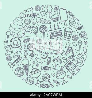 Doodle candy set. Collection of candies, cakes, sweets, ice cream and desserts. Hand drawn background. Vector illustrations. Stock Vector