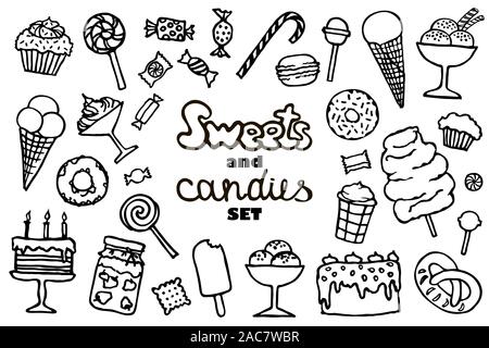 Doodle candy set. Collection of candies, cakes, sweets, ice cream and desserts. Hand drawn icons. Vector illustrations. Stock Vector