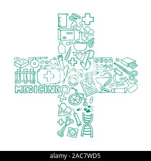 Medical concept - cross. The cutest doodle medicine icon set for your design. Hand drawn Health care, pharmacy, medical cartoon symbols. Vector illustrations eps 10. Stock Vector