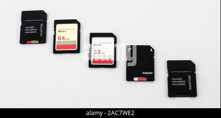 memory cards of different capacity and sd and micro sd format with adapters Stock Photo