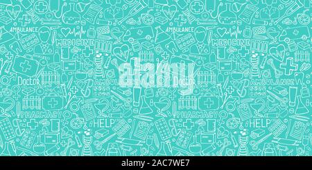 Medicine seamless doodle pattern for your design. Hand drawn Health care, pharmacy, medical cartoon background. Vector illustrations eps 10. Stock Vector