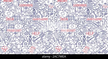 Medicine seamless doodle pattern for your design. Hand drawn Health care, pharmacy, medical cartoon background. Vector illustrations eps 10. Stock Vector