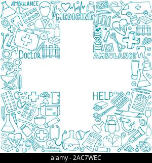 Medical concept - cross. The cutest doodle medicine icon set for your design. Hand drawn Health care, pharmacy, medical cartoon symbols. Vector illustrations eps 10. Stock Vector