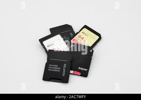Set of sd and micro sd memories with adapters for information and data storage on white background Stock Photo