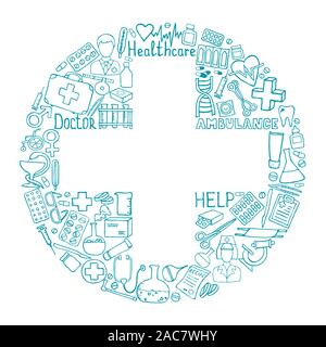 Medical concept - cross. The cutest doodle medicine icon set for your design. Hand drawn Health care, pharmacy, medical cartoon symbols. Vector illustrations eps 10. Stock Vector