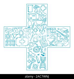 Medical symbol - cross. The cutest doodle medicine icon set for your design. Hand drawn Health care, pharmacy, medical cartoon emblem. Vector illustrations eps 10. Stock Vector