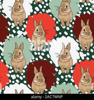 Christmas Bunny Colorful Seamless Pattern on Green with White Snow Dots Stock Vector