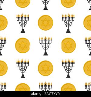 Illustration on theme big colored pattern Hanukkah, seamless set menorah. Seamless pattern consisting of collection menorah, accessory holiday Hanukka Stock Vector