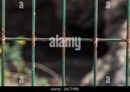 Wire mesh fence closeup photo. Green bush and huge cave in blurred background. Thin pillars. Decorative board front of garden. Building construction. Stock Photo