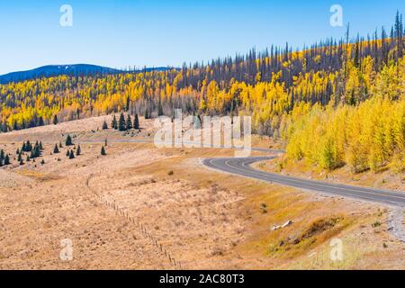 Winding autumn road through the San Juan Mountains of Colorado along Route 149 near Lake City Stock Photo