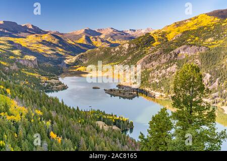 Aerial View of Lake San Cristobal in the Rocky Mountains of Colorado in Autumn Stock Photo