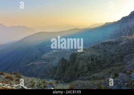 Scenic Hajar Mountains view with stunning Light Stock Photo