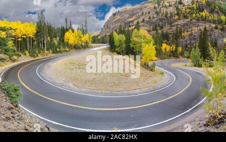 Switchback curve on the Million Dollar Highway winding through the San Juan Mountains near Ouray, Colorado Stock Photo