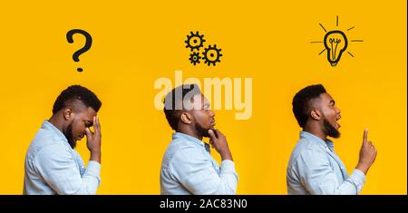 Solution of problem. Black man thinking and finding successful idea, panorama set with facial expressions Stock Photo