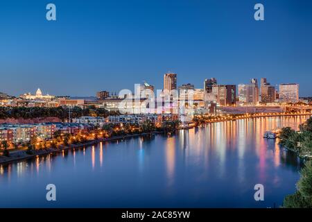 St. Paul, Minnesota night skyline along the Mississippi River Stock Photo