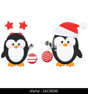 Cute christmas penguin boy and girl couple holds christmas ball isolated on white background Stock Vector
