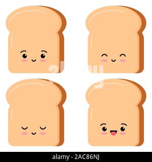 Cute toasts bread kawaii cartoon styly set isolated on white background. Stock Vector