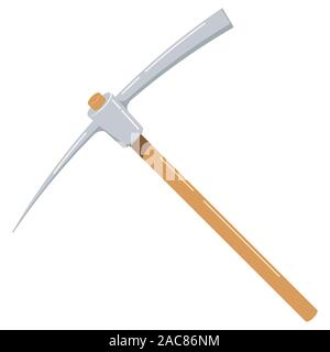 Wooden pickaxe with iron tip flat design icon isolated on white background. Stock Vector