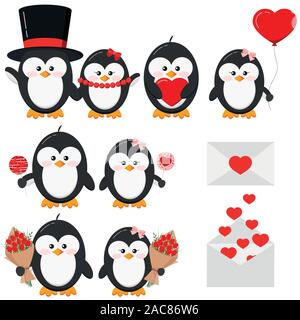 Cute lovely penguin boy and girl couple in love set isolated on white background Valentine s Day vector illustration. Stock Vector