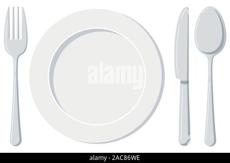 Empty white plate with spoon, knife and fork isolated on a white background. Stock Vector