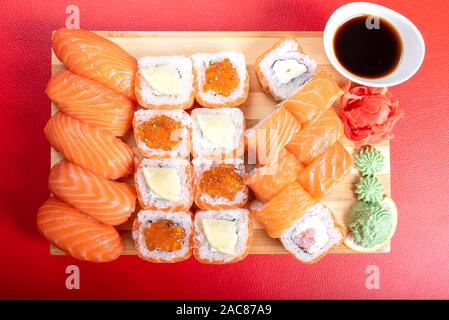 Sushi and salmon roll set, Philadelphia. With red caviar. Stock Photo