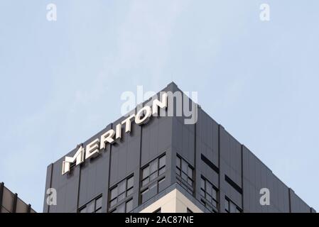 The corporate logo for the Australian property developer and investor Meriton in Sydney, Australia Stock Photo