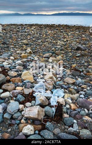Plastic trash on a remote beach of the Arctic Ocean Stock Photo