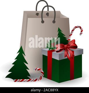 Festive composition with Christmas tree, gift bags and boxes with branches and candyes on a white background. Stock Vector