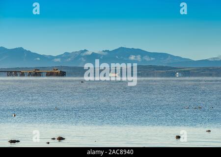 Some larger merchant Vessels and looking down over the old Power station jetty at Inverkip to Arran in the far distance as the cold mist rises from th Stock Photo