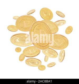 Gold cryptocoin Bitcoin explosion. Isolated on white Stock Photo