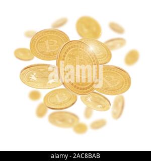 Gold cryptocoin Bitcoin explosion. Isolated on white Stock Photo
