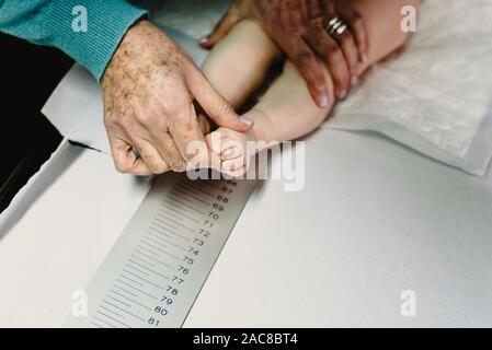 newly born in the clinic of the pediatrician measuring a height and height of the baby with the help of a ruler. Stock Photo