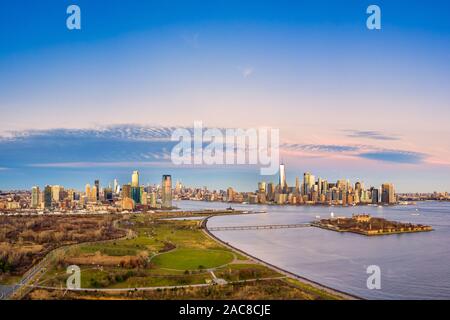 Aerial view of New York City and Jersey City skylines