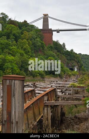 the abandoned and now derelict Victorian docks along the banks of the  Avon Gorge at Hotwells near Bristol in Somerset, England at low tide. Stock Photo