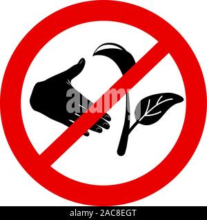 Do not pluck plants forbidden red sign. No picking flowers vector icon isolated on white background. Dont tear sprout, informative warning. prohibited from removing or pull out branches Stock Vector