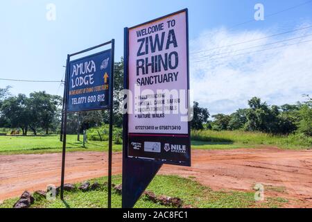 Entrance sign at Ziwa Rhino Sanctuary, Nakasongola District, Uganda, a sanctuary for reintroduced Southern white rhinoceros (Ceratotherium simum) Stock Photo