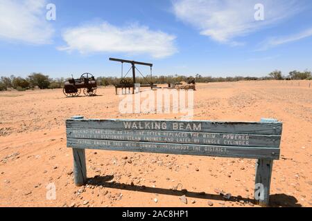 A Walking Beam was powered by a stationary steam engine for raising water. Outdoor Pastoral Museum, Tibooburra, New South Wales, NSW, Australia Stock Photo