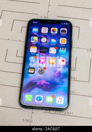 Paris, France - Nov 11, 2017: Latest Apple Computers iPhone 11 Pro featuring all applications apps on the home OLED screen Stock Photo
