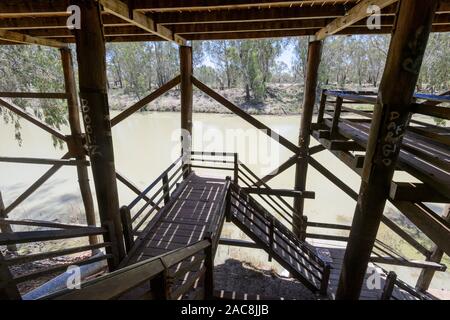Replica of the old Wharf on the Darling River showing access depending on the river level, Wharf Precinct, Bourke, New South Wales, NSW, Australia Stock Photo