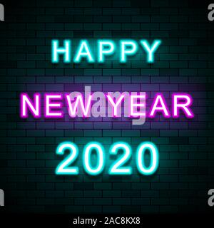 2020 Happy New Year on brick wall background, Neon text, Glowing Stock Vector
