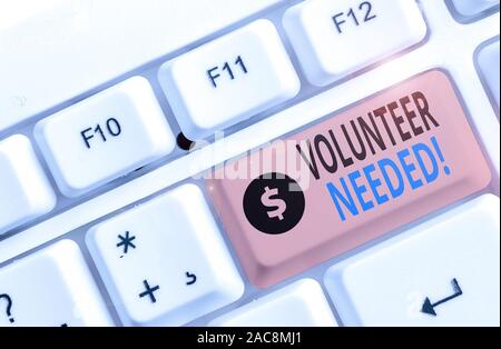 Text sign showing Volunteer Needed. Business photo showcasing need work for organization without being paid Stock Photo