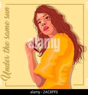 Cute hispanic woman in a yellow dress holding her sunglasses in her hands. Text poster with a quote for marketing and advertising about summer campaig Stock Vector