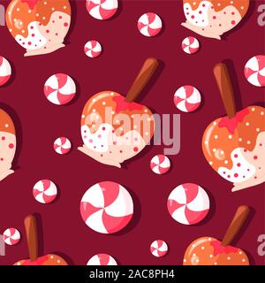 Caramelized apples on a stick with fudge, frosting and sprinkles seamless pattern. Lollipops and caramel cane illustration for december and winter hol Stock Vector